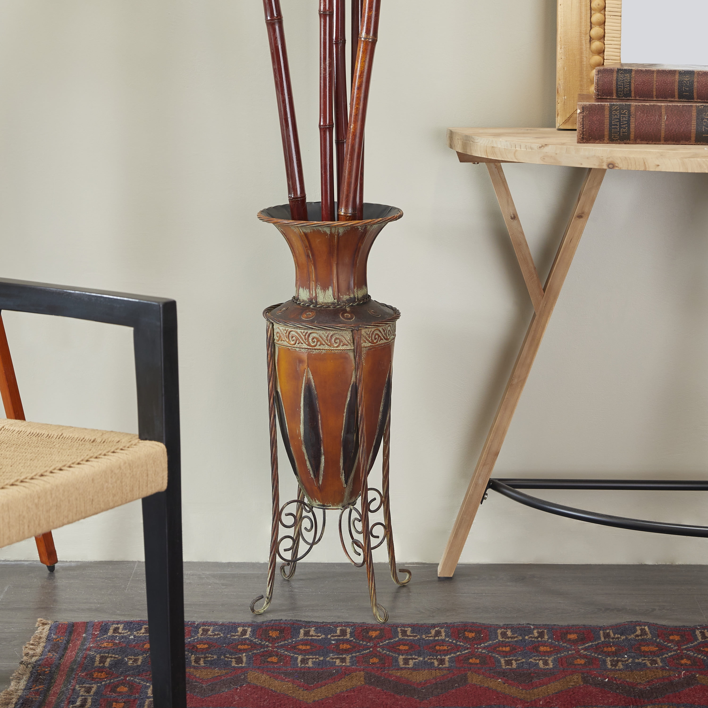 DecMode 27' Tall Amphora Brown Metal Vase with Attached Metal Stand and Intricate Design