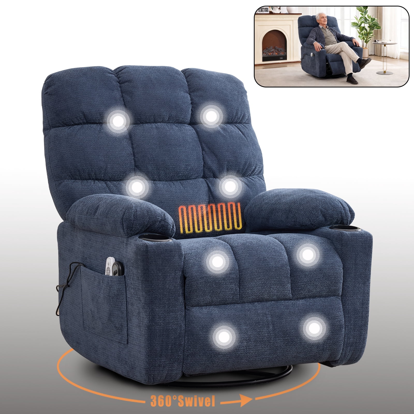 Swivel Rocker Recliner Chair with Heat and Massage, Power Reclining Fabric Lounge Chair for Living Room, 360° Swivel, Pillow Top Arm, Blue