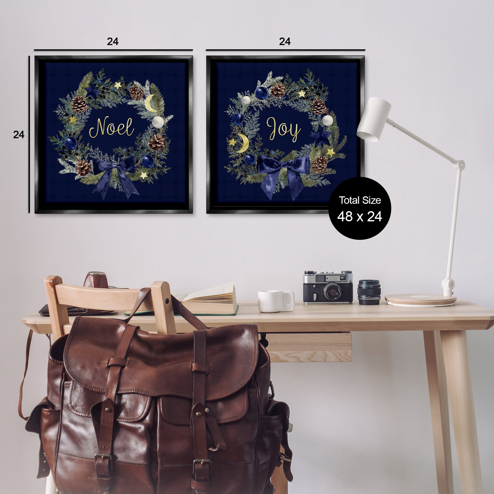 Stupell Industries Noel Joy Balsam Wreath Pinecones Holiday Painting Black Floater Framed Canvas Art Prints Wall Art, 25 x 25, Set of 2
