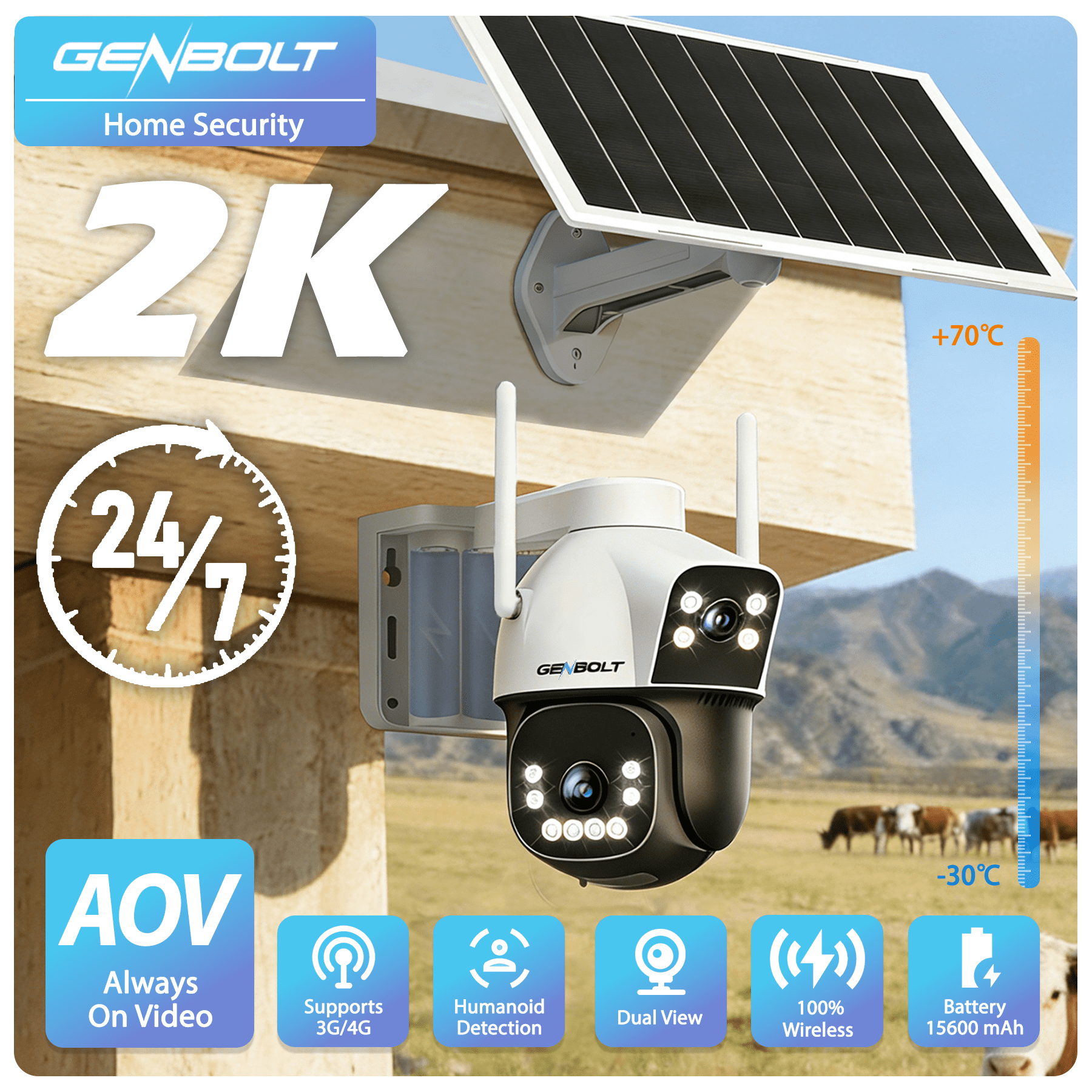 GENBOLT 4G AOV Cellular Solar Security Camera Outdoor Wireless 7/24 Recording 3MP+3MP No WiFi IP Surveillance Camera with Sim Card 8W 15600mAh Battery Operated LTE Camera CCTV