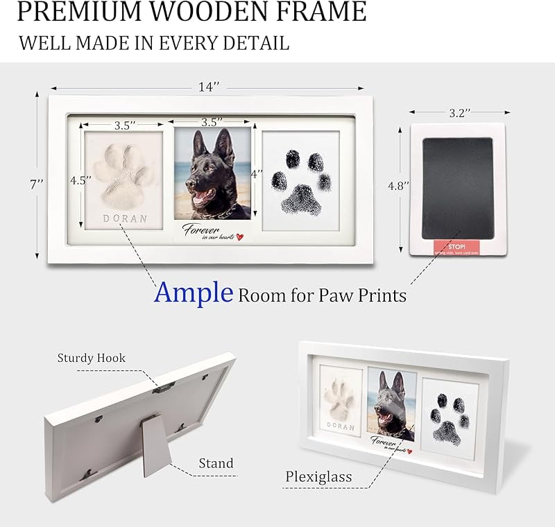 Zeokiar Paw Print Frame Kit,Dog/Cat Paw Print Kit,Soft Pawprint Clay&Clean Touch Ink Pad,Pet Paw Print Impression Kit with Customization Tool,Wooden Pet Memorial Frame,DIY Dog Lover Gifts