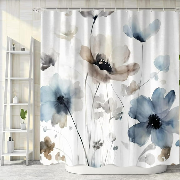 waicvis Boho Floral Shower Curtain, Cream Tan Beige Blue Grey White Watercolor Flower Fabric Shower Curtains Set for Bathroom Decoration with Hooks 60 X 72 inch Cute Farmhouse Bath Decor
