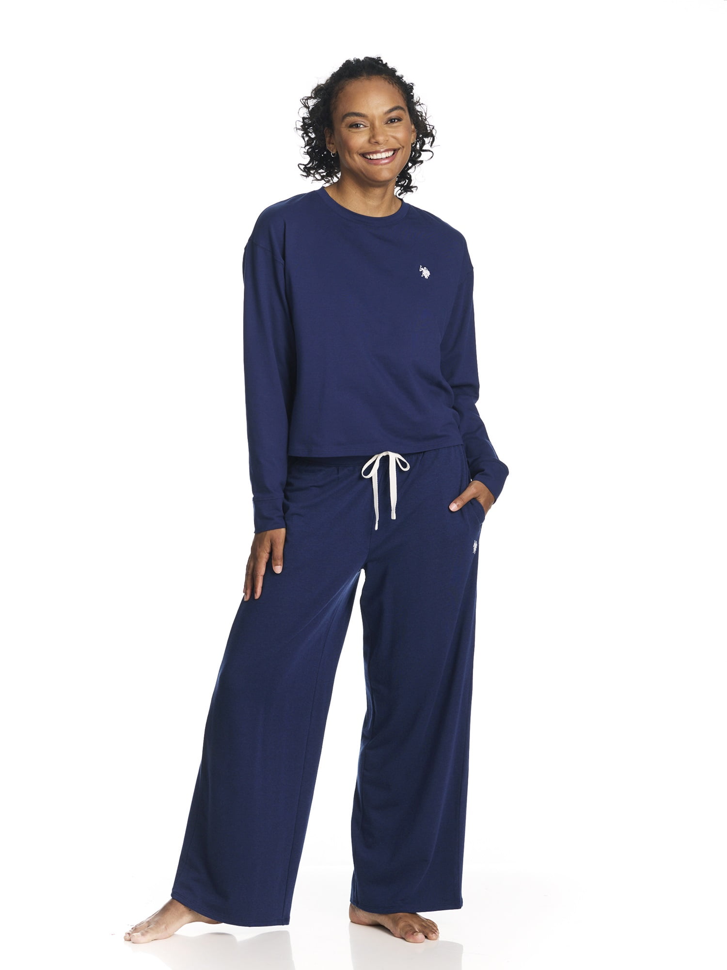 U.S. Polo Assn. Women's Long Sleeve Cotton Span Top and French Terry Wide Leg Pant Pajama Sleep Set, 2-Piece, Sizes S-3X