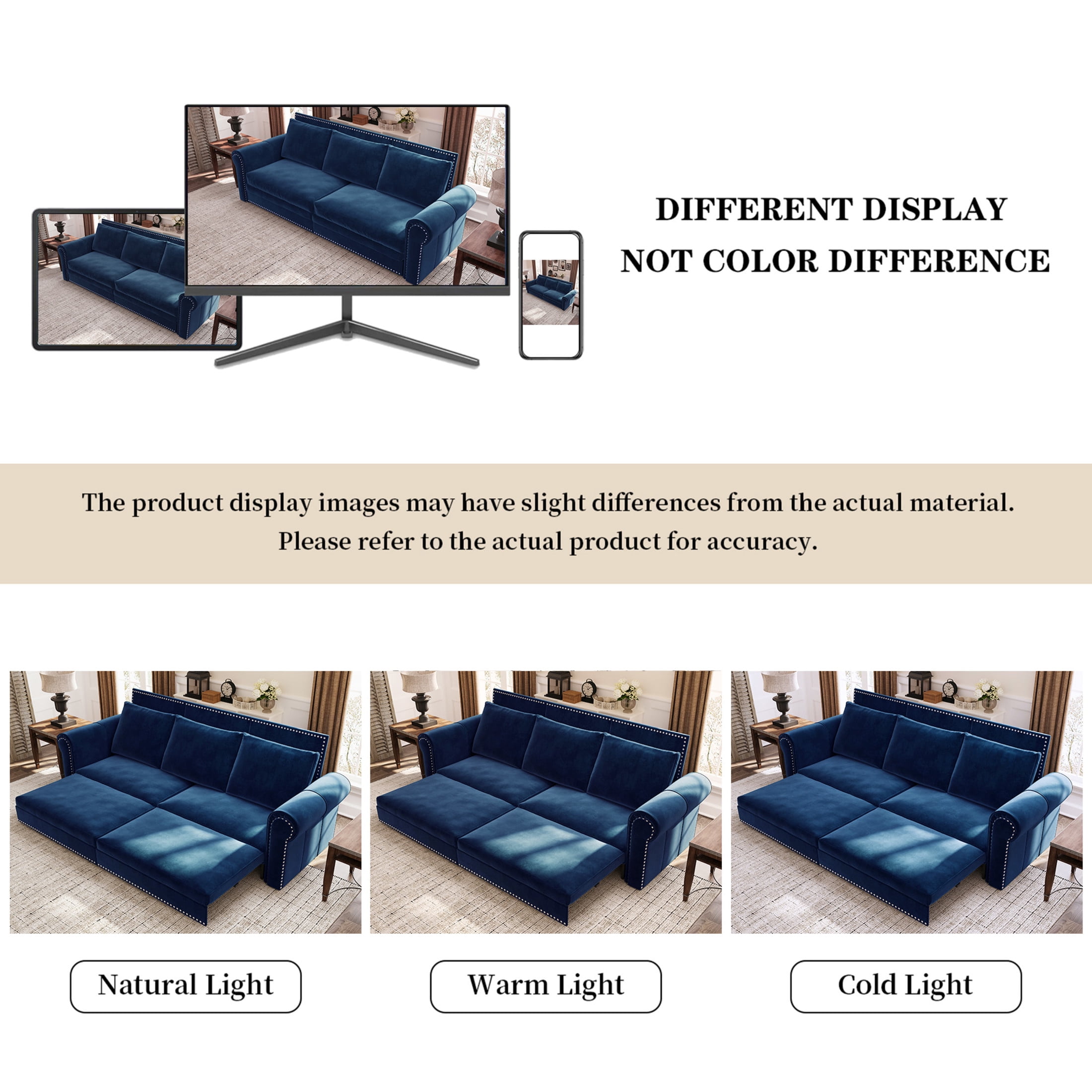 Noble House Lexair Velvet Chesterfield Pull Out Sofa Bed, 3-in-1 King Sleeper Couch with Nailheads & Rolled Arm, Blue