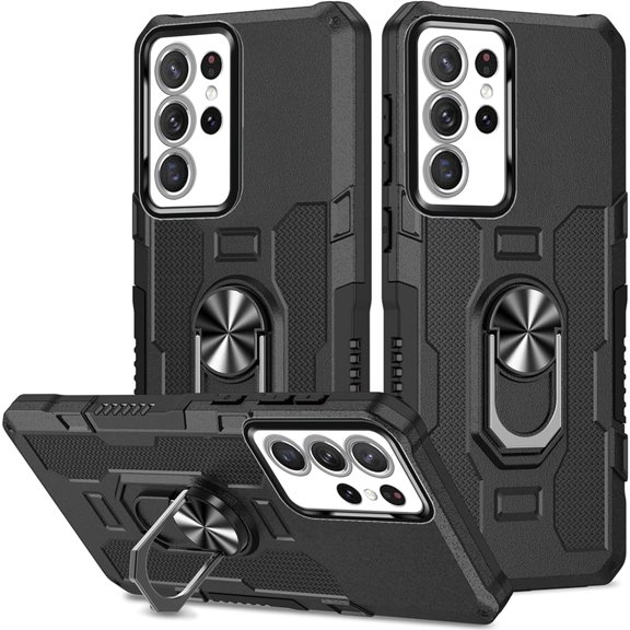 for Samsung Galaxy S22 Ultra 5G Case (Not S22) with Metal Ring Kickstand for Women & Men, Heavy-Duty Protection Shockproof Bumper Cover Case for Samsung Galaxy S22 Ultra 5G TY Black