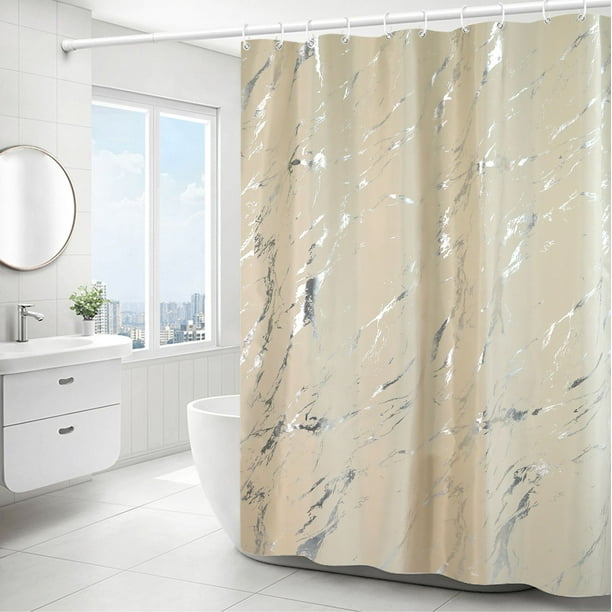 (Beige) Cortina de Ducha Simple de mármol Plateado - 180 * 180 cm, Cortina de Ducha de poliéster Lavable a máquina con Dobladillo Inferior con Peso y 12 Ganchos, Cortinas para bañera de baño