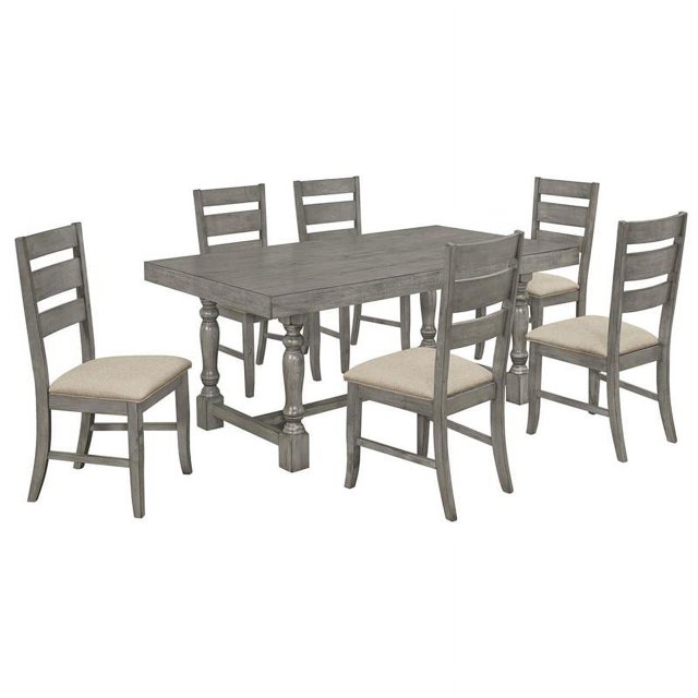 Ensemble de Salle à Manger 7pc en Bois Gris Rustique avec Table et Chaises en Lin Beige