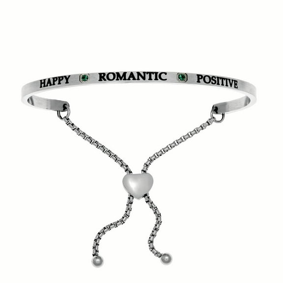 Stainless Steel Happy, Romantic, Positive May Dark Green Birthstone Bangle Bracelet, 7