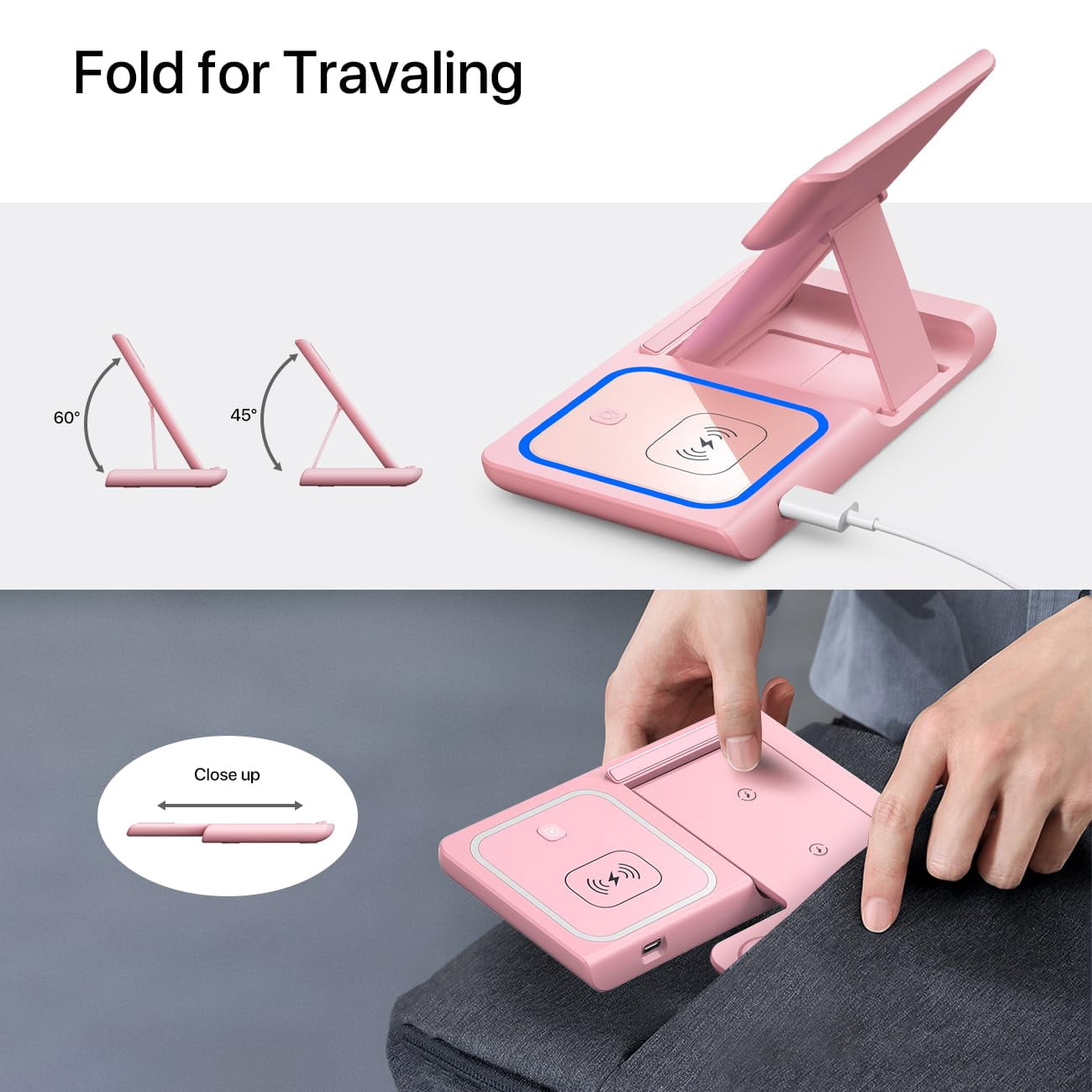 3-in-1 Wireless Charger: Fast Charge for iPhone/Apple Watch/AirPods – Foldable, Pink