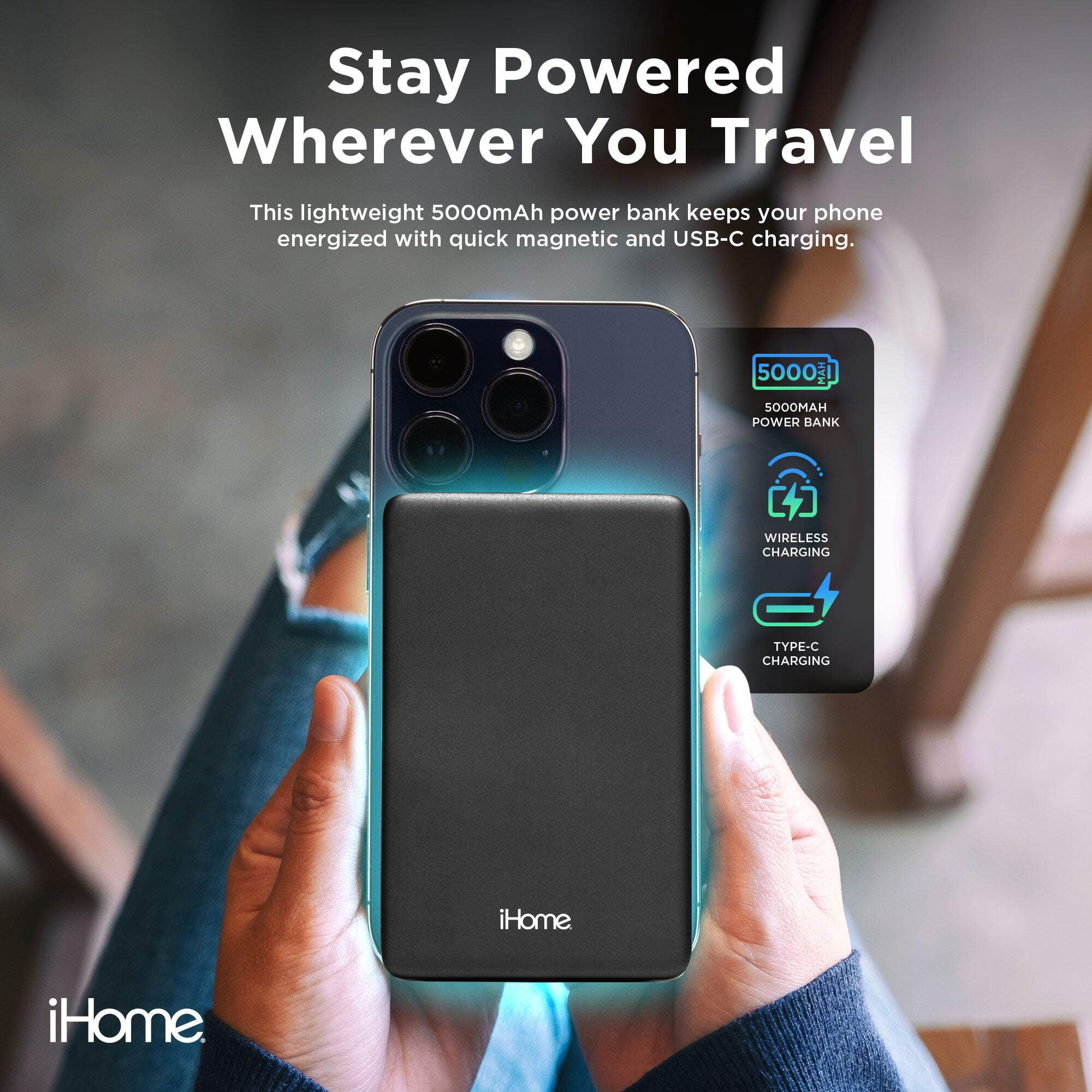 iHome 5000mAh Magnetic Portable Power Bank, Wireless Charging, USB-C Input/Output, MagSafe Compatible for iPhone 12 & Newer