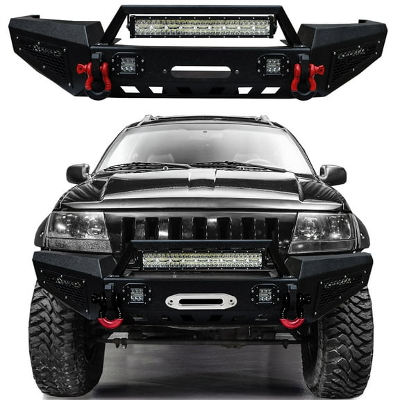 Vijay Compatible with 1999-2000-2001-2002-2003-2004 Jeep Grand Cherokee WJ Front Bumper Textured Black Steel with Lights and D-rings