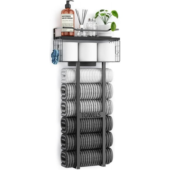 Towel Racks for Bathroom 31inch Wall Mounted Towel Rack,Floating Shelf with Wood Plank,Towel Storage for Bathroom can Holds 6 Large Rolled Towels,All Black