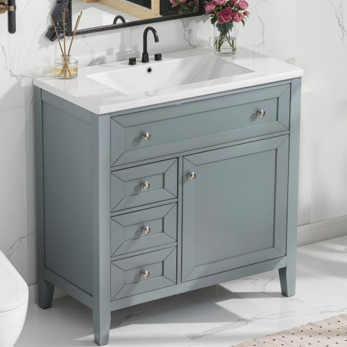 Modern Solid Wood Bathroom Vanity with Ceramic Undermount Sink Gray 30 Inch Soft Close Drawers Flip Bin Adjustable Shelf Bathroom Storage Cabinet