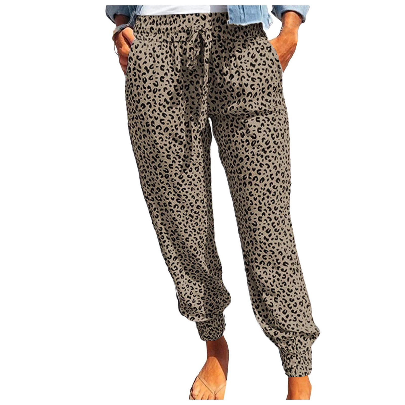 Pants for Women High Waisted Leopard Print Drawstring Straight Leg ...