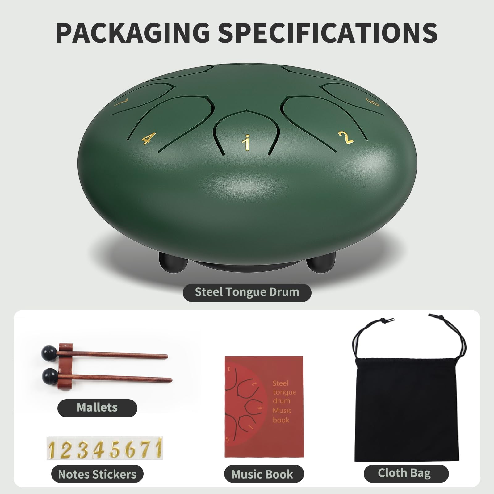 Fosoundpro Steel Tongue Handpan Drum 6 Inch 8 Notes, Rain Drum with Mallets, Music Book, Portable Bag (Green)