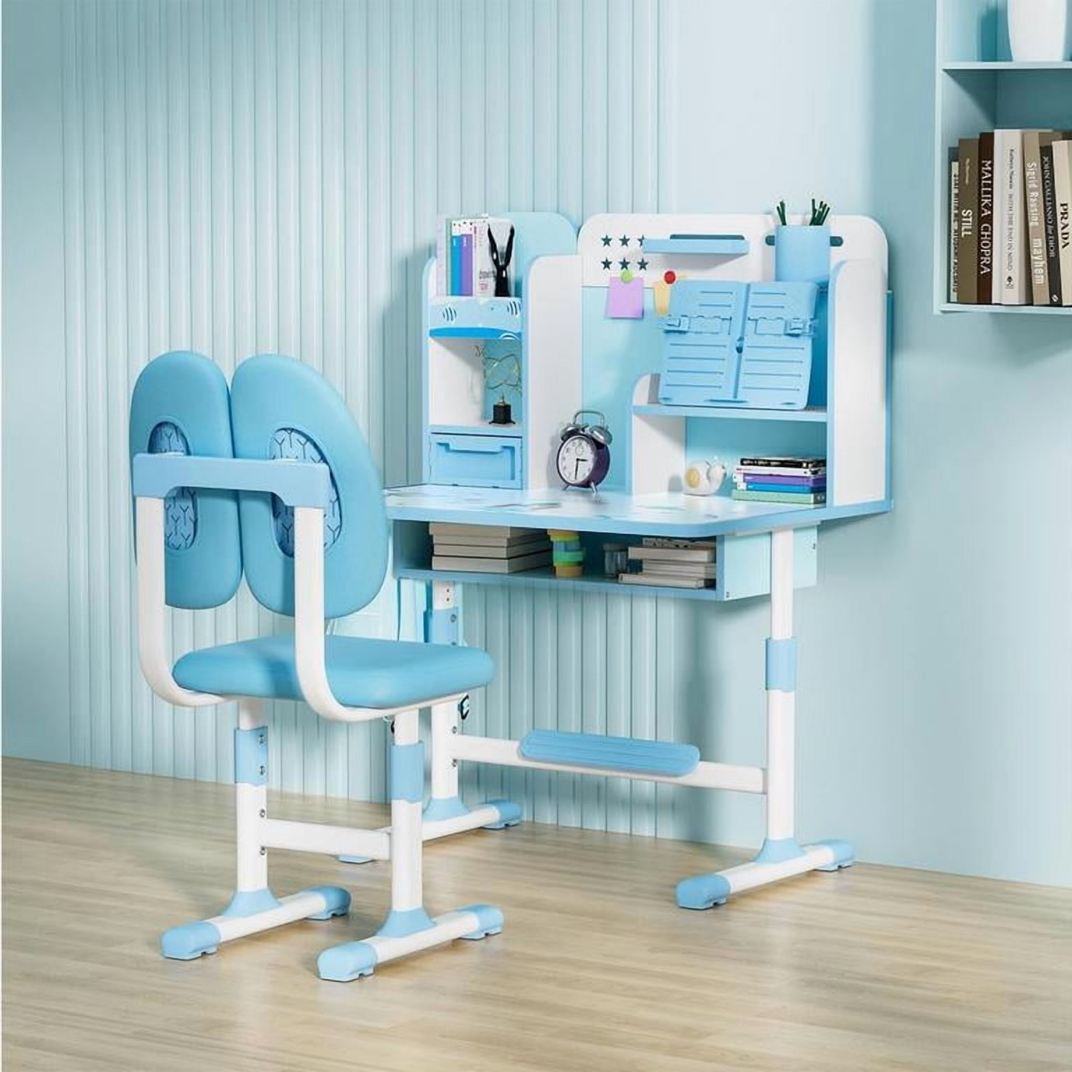 YNCE Kids Desk and Chair Set, Study Table with Golden Distance Design, Homeschooling Writing Desk with Desktop for Boys and Girls (Blue #1)