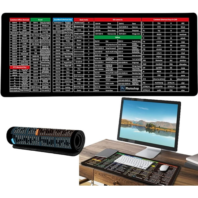 HUGFEGWE Excel Cheat Sheet Desk Pad, Excel Mouse Pad Shortcuts, Excel Shortcuts Mousepad, Excel Mouse Pad, Excel Short Cut Desk Mat, Excel Shortcut Keys Mouse Pad (80 * 30cm/11.8 * 31.5in)