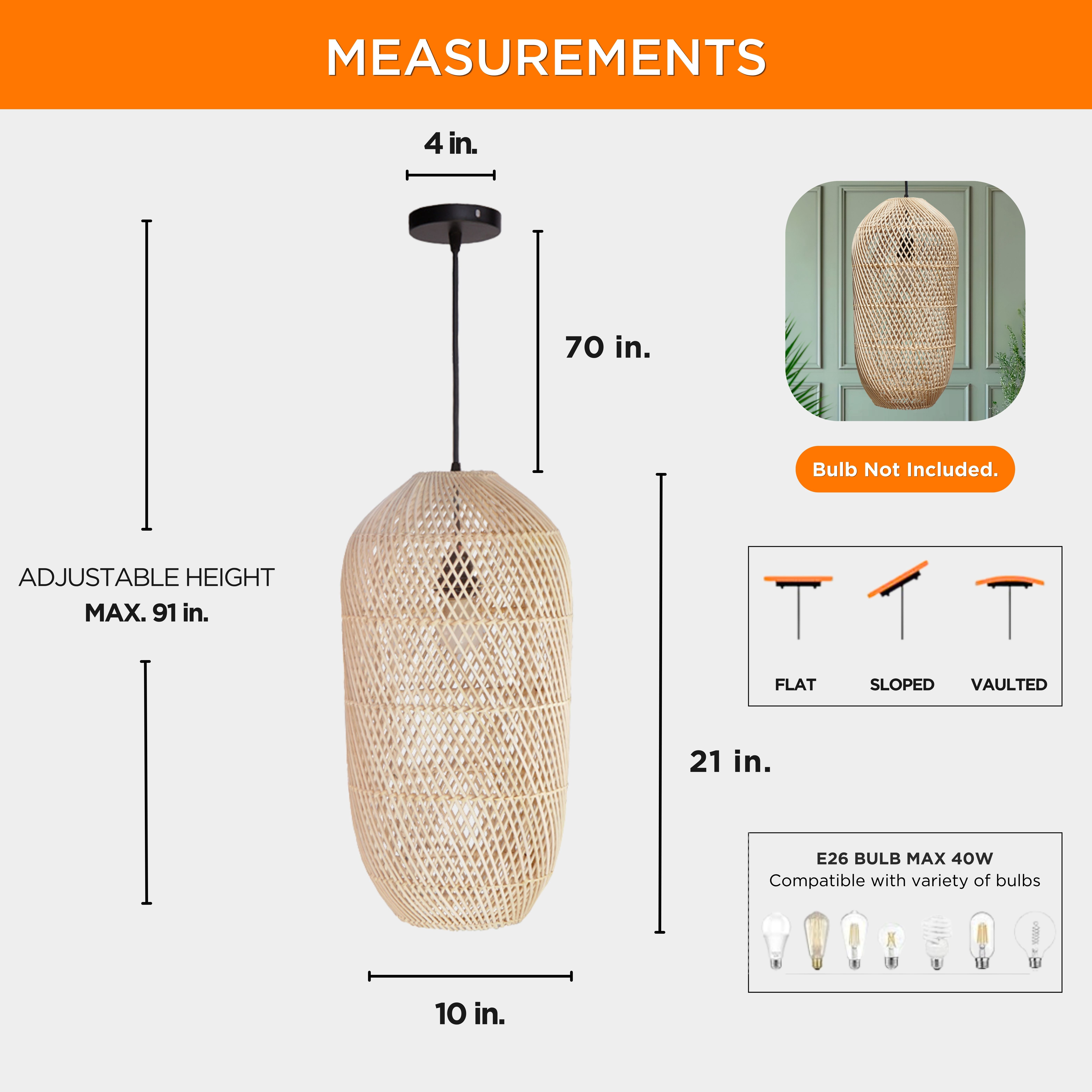 FOREVER BAMBOO Handcrafted Indonesian Natural Rattan Pendant Light Shade Wicker Light Fixtures Luxurious Cylinder Shape Woven Lampshade Chandelier Interior Decor, 21 in H x 10 in W