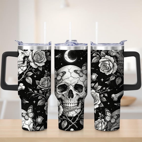 Skull and Rose Black White Stainless Steel Tumbler, 30oz