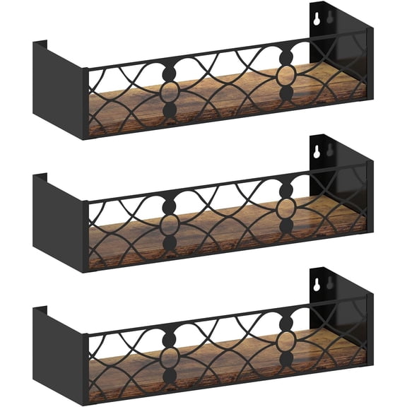 Black Floating Shelves with Removable Insert Plate Set of 3, Wooden Display Shelves, Rustic Decorative Wall Shelves for Living Room, Bedroom, Kitchen
