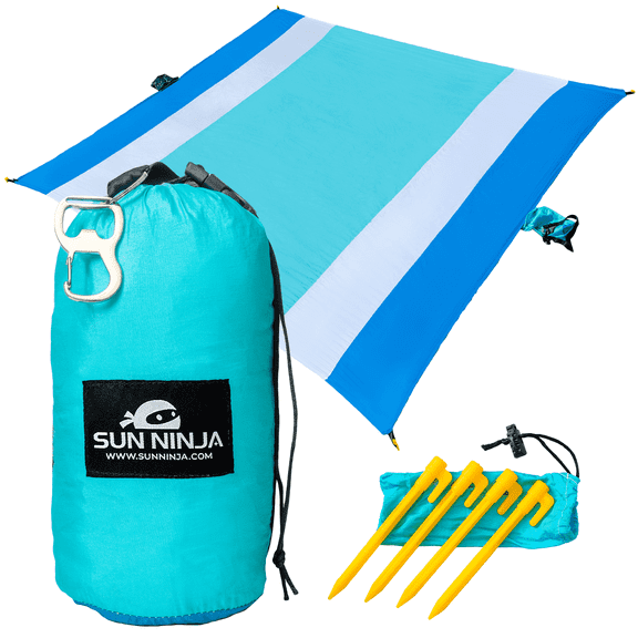 Sun Ninja Sand Free Beach Blanket - Outdoor Blanket, Beach Mat & Accessories - 10ft X 9ft Lightweight Blanket with Storage, Bottle Opener, Carabiner, Shoulder Strap, Corner Sand Pockets & 4 stakes