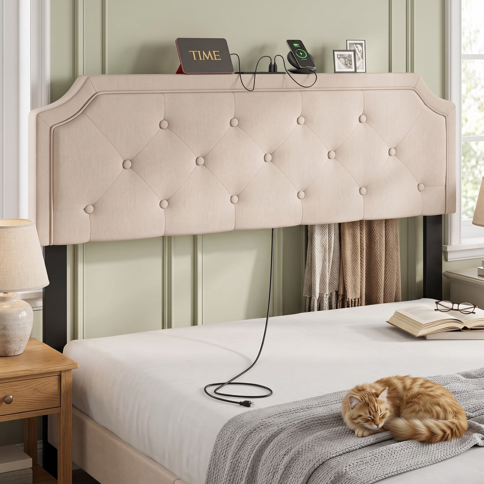 Furnibear Tufted Upholstered Headboard with Piped Trim and 2 AC Outlets and USB and Type-C Ports for Full and Queen Beds, Beige