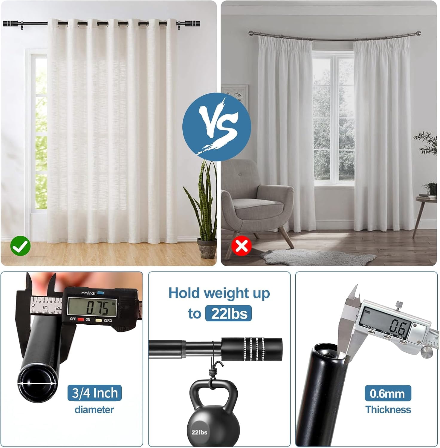 Urbanest Adjustable Single Curtain Rod Set Zinc Cast With Diamond Beads Beverly Finials – 3/4-Inch Diameter, With Black Rod, 48–84 Inches