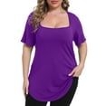 thumbnail image 3 of Gocolloa Womens Plus Size Tops Tunic Sexy Square Neck Short Sleeve Shirts Summer Loose Fit Dressy Casual Blouse Purple 3X, 3 of 6