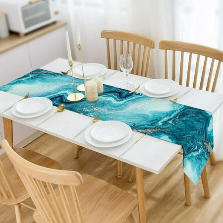 Marble Table Runner, Linen Teal Blue Abstract Ocean Art Modern Dining ...