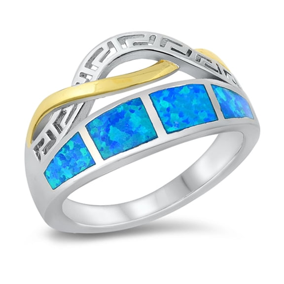 Blue Simulated Opal Greek Key Mosaic Ring .925 Sterling Silver Band CZ Jewelry Female Size 8