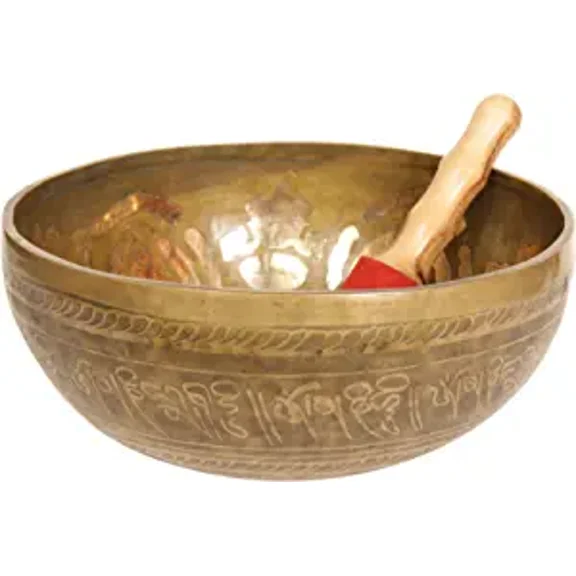 Exotic India Singing Bowl with the Image of the Buddha Granting Abhaya - Brass and Wood Statue