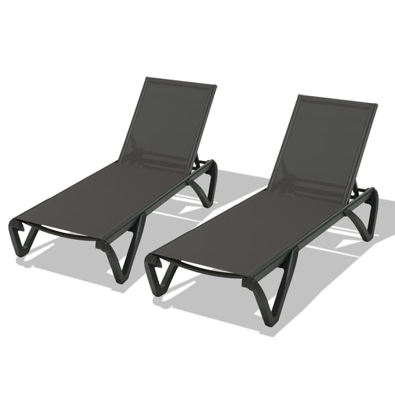 Outdoor Lounge Chairs Set of 2, Adjustable Textilene Pool Chaise with Wheels for Deck Patio | Dark Gray | Aluminum