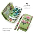 thumbnail image 4 of Multifunctional Wallet Case For iPhone 7 / 8 / SE 2020 / SE 2022 with RFID Blocking Card Slots,Detachable Purse PU Leather Magnetic Snap Hand Strap Zipper Pocket Cute Flower Case with Carabiners,Green, 4 of 14