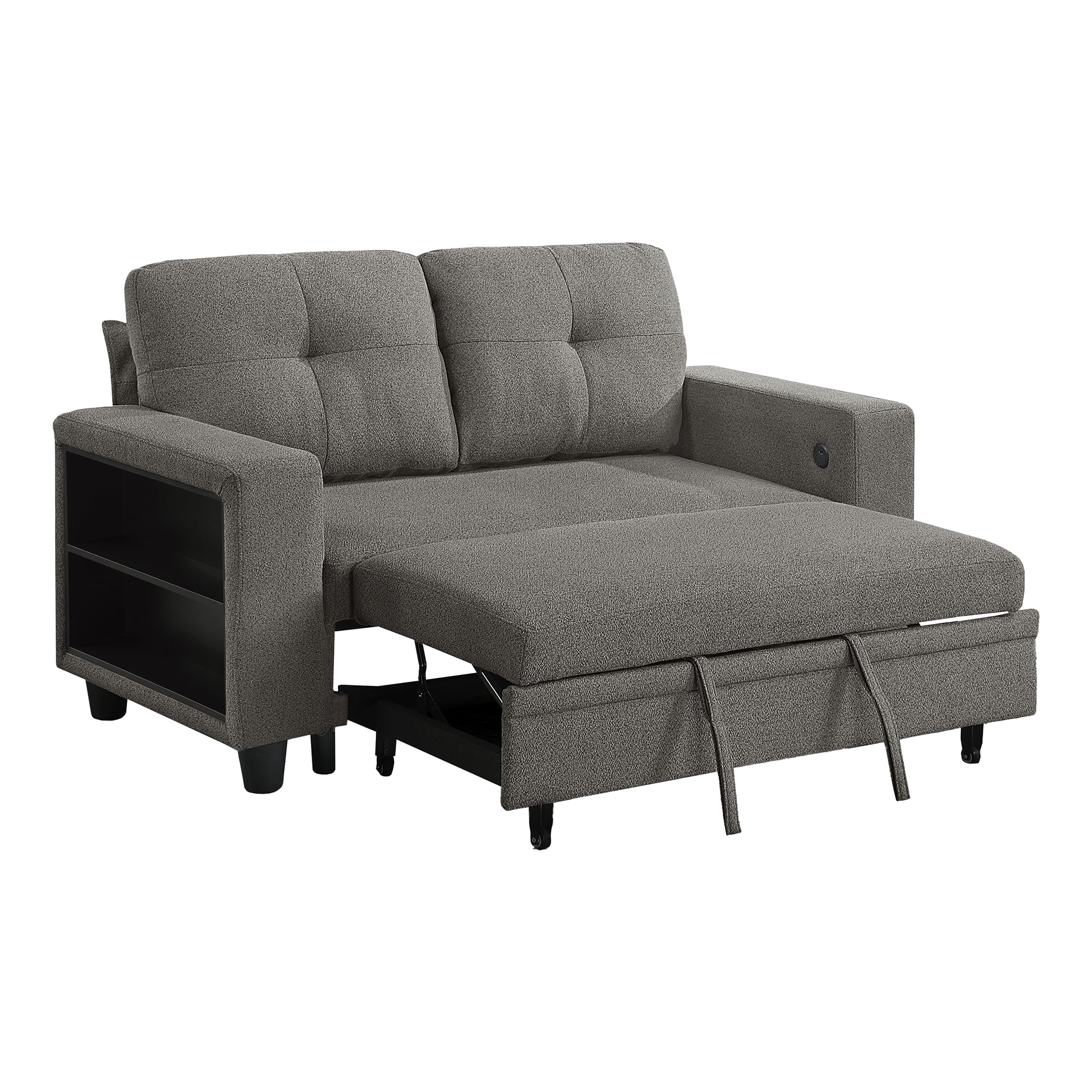 OakvillePark Vessarion Boucle Love Seat with Pull-out Bed, Shelves and Charging Ports, Dark Brown