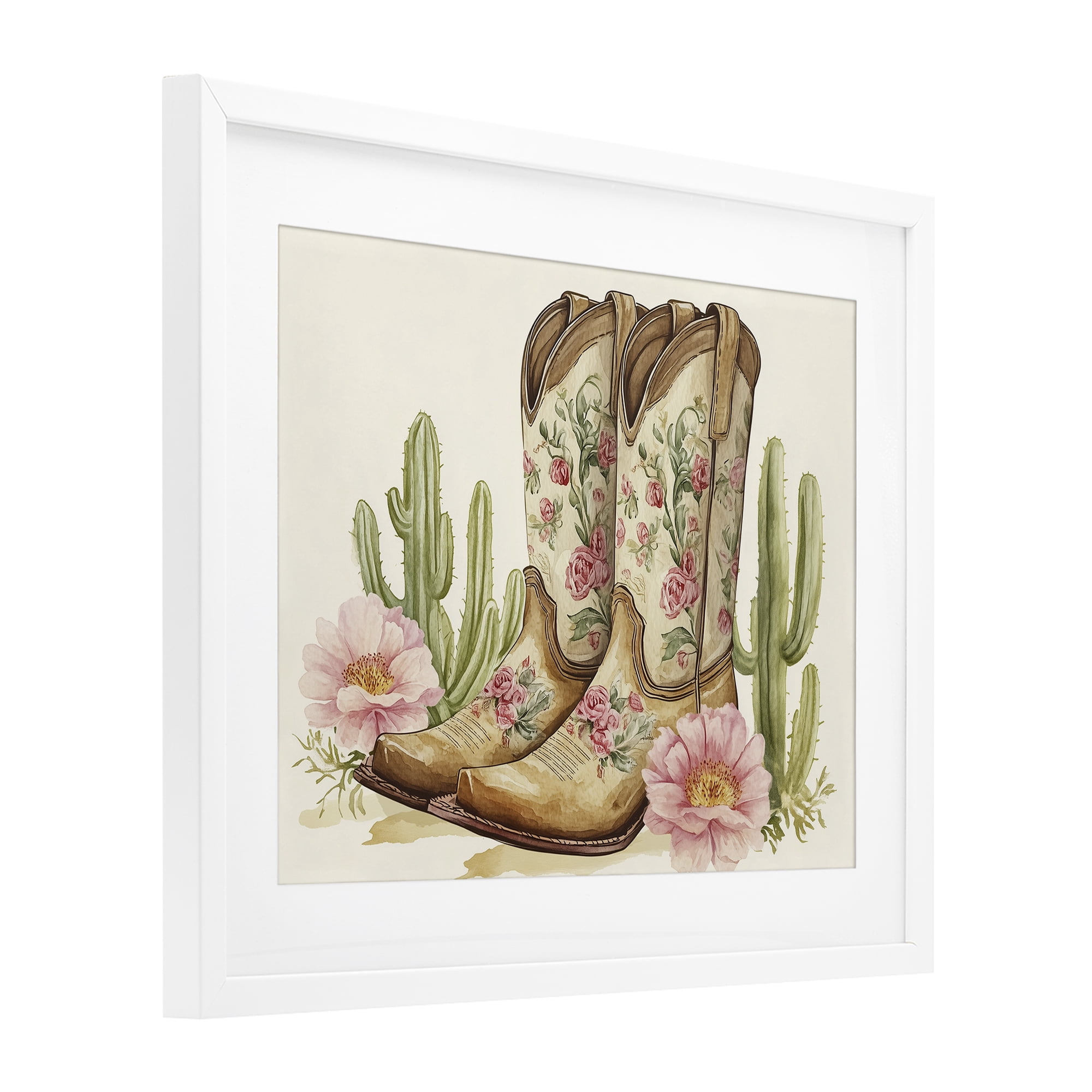 Stupell Industries Floral Boots & Cactuses White Framed Print Under Glass, design by Heidi Kuntz