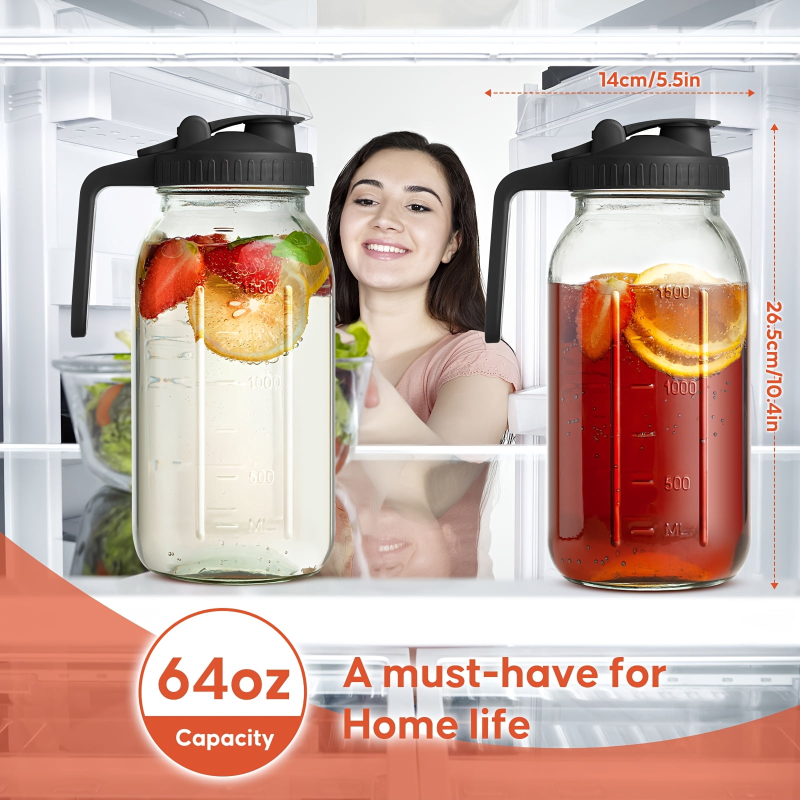2-Pack 64 oz Mason Jar Pitcher with Pour Spout - Double Leak Proof Wide Mouth Glass Pitcher, Breast Milk Storage Container, Iced Tea Pitcher for Fridge, Creamer Jug for Coffee, Sun Tea & Juice