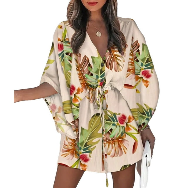 Robes à Lacets pour Femmes Été Jupe Élégante Décontractée Imprimé Irrégulier Col en V Robe Courte Fête Plage Maison Travail Type3 S