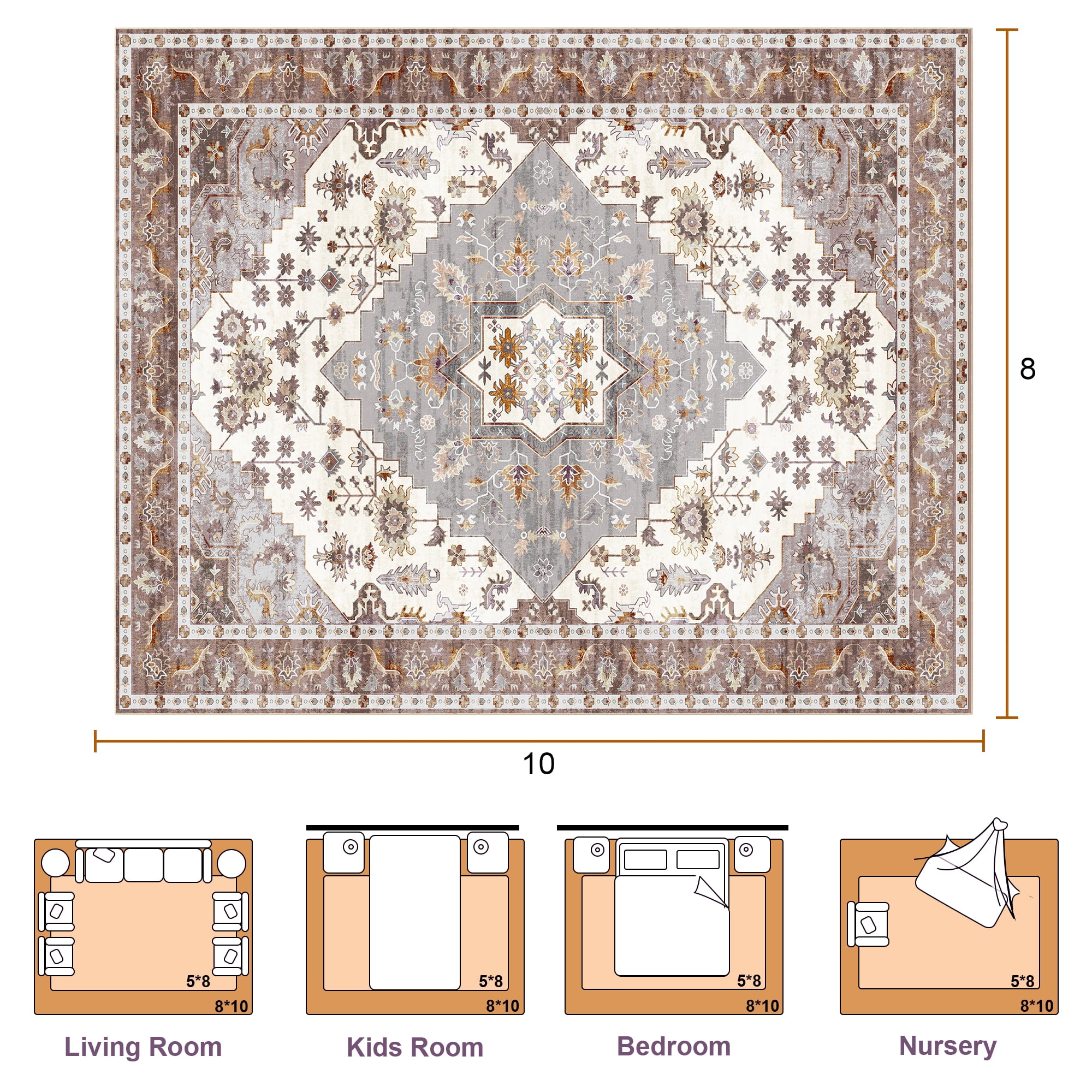 Nefoso 8ft x 10ft Vintage Area Rugs, Washable Area Rugs for Living Room Bedroom Kitchen Home Decor, Non-Slip Carpet, Brown & Beige