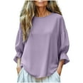thumbnail image 3 of Rvasteizo Womens Summer 3/4 Sleeve Round Neck Blouses Shirts Solid Color Cuffs Loose Casual Pullover Top, 3 of 5