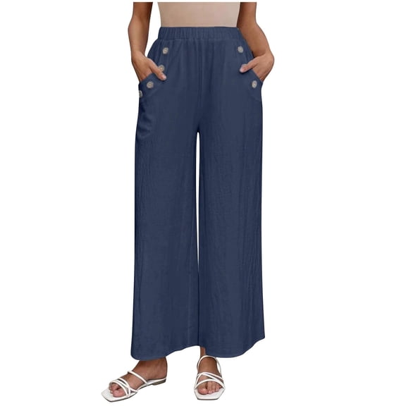 Lenpel Wide Leg Pants for Women Lightweight Elastic High Waisted Pleated Beach Pants Baggy Casual Trousers with Pockets(Navy,X-Large)