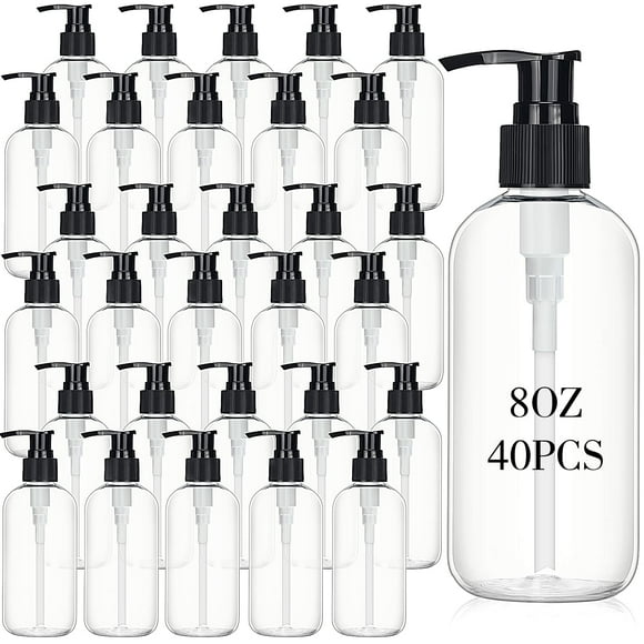 Norme 40 Pcs Flacon Pompe Vide 8 oz Bouteilles en Plastique Rechargeables Transparentes avec Distributeur de Pompe Contenant de Lotion de Voyage pour Shampooing Savon pour les Mains et le Corps Huile Massage Hydratant Crème pour le Visage Liquide