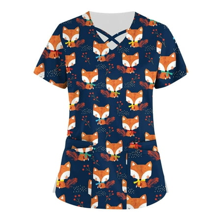 

Apepal Plus Size Cute Printed Scrub Working Uniform Scrub Tops for Women Cross V-Neck Short Sleeve Fun T-shirt Tee with Pockets