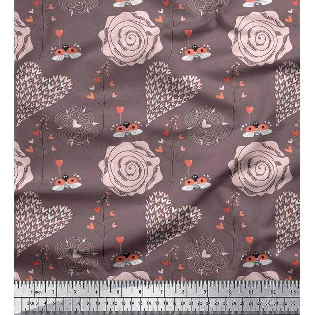 Soimoi Poly Georgette Fabric Heart,Bee & Floral Artistic Printed Fabric 1 Yard 42 Inch Wide