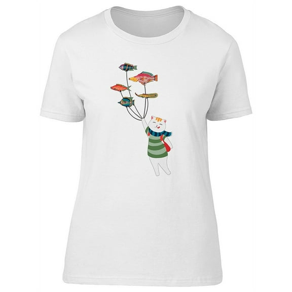 Cute Cat Adventure And Fishes T-Shirt Women -Image by Shutterstock, Female XX-Large
