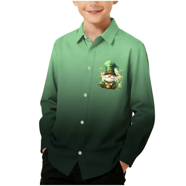 RXMEKW Chemise à Manches Longues Imprimée pour la Saint-Patrick pour Garçons avec Col Rabattu, 95 % Coton 5 % Spandex, Vert
