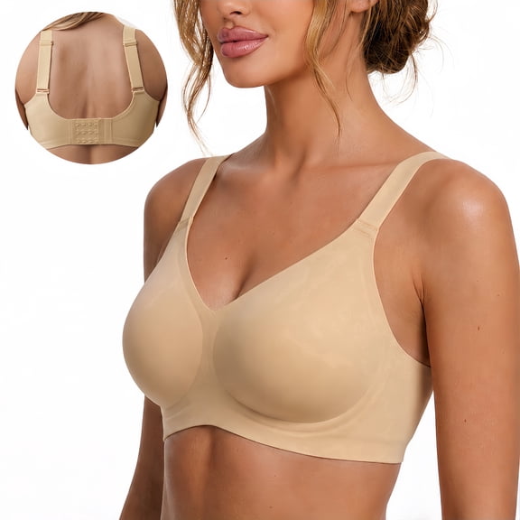 Roszoe Wireless Bra, No Underwire Seamless Full Coverage Bra, Comfortable Supportive Tshirt Bralette for Women, Plus Size(Nude-L)