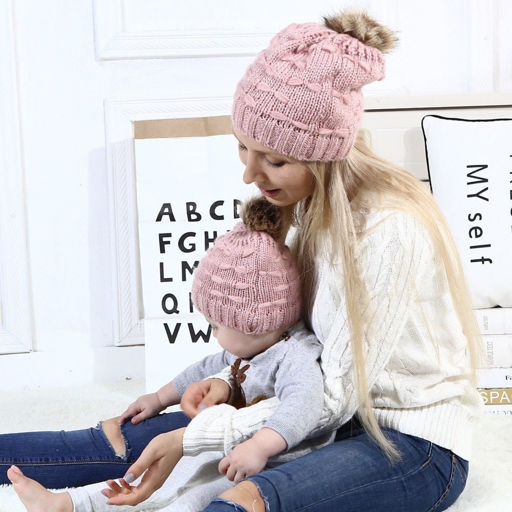 Maman et Bébé Hiver Chaud Garçon Fille Chapeau Crochet Tricot Hairball Beanie Cup 
