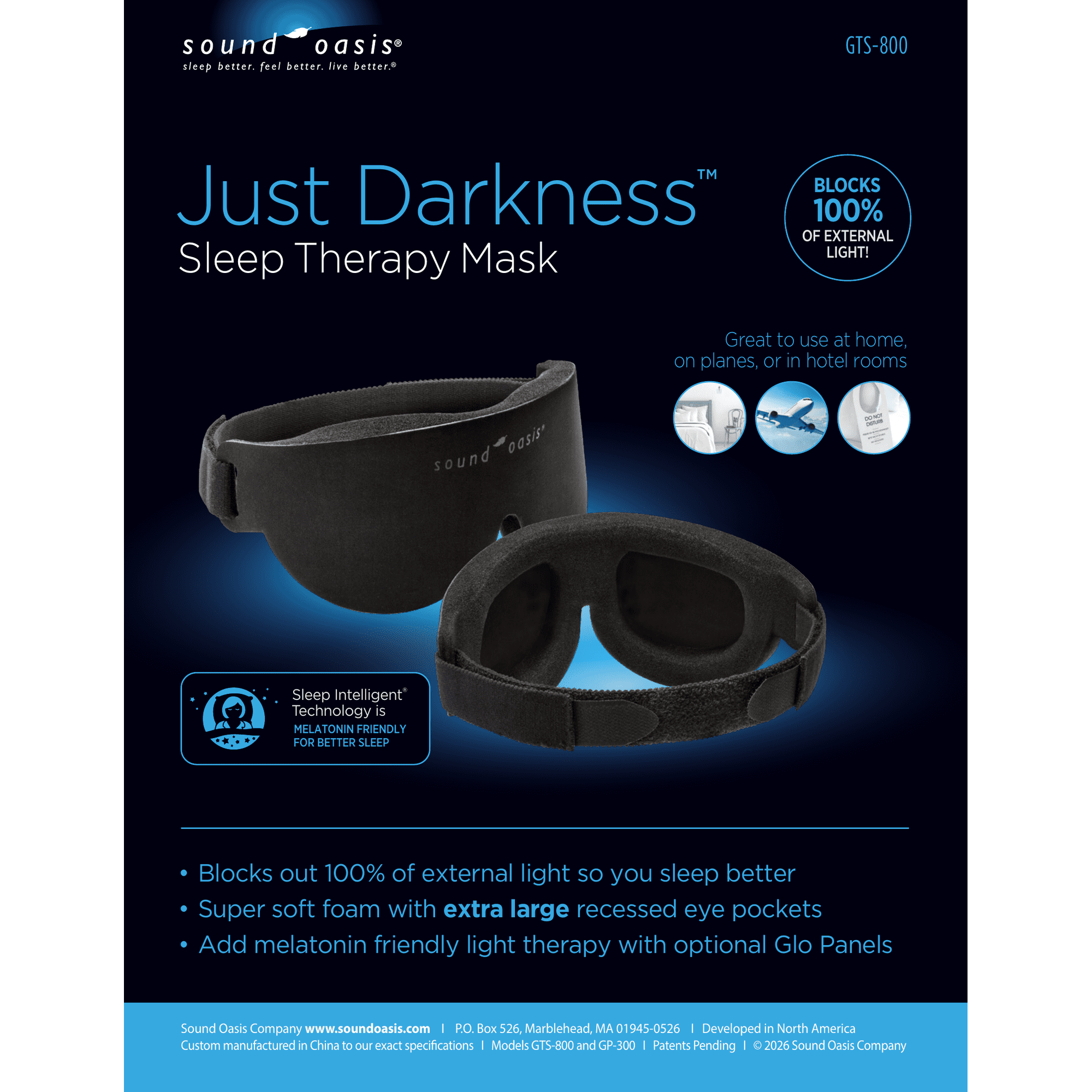 Sound Oasis® Just Darkness™ Sleep Mask Light Blocking Eye Mask with Contoured Eye Pockets Adjustable Strap Soft Foam Comfortable Travel Sleep Aid