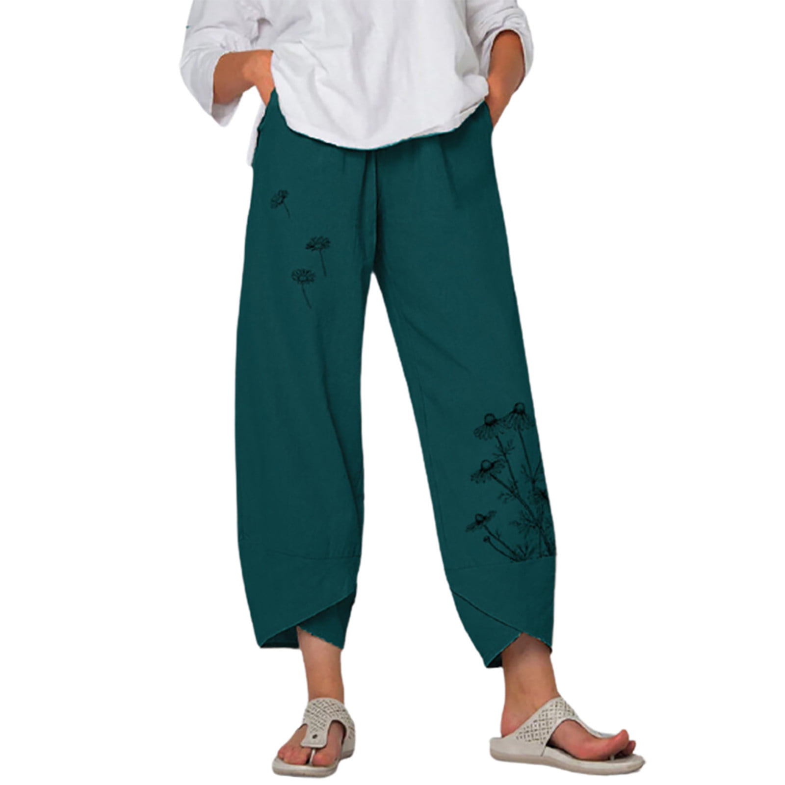 977 Womens High Waist Casual Pants Summer Cotton Linen Loose Long Straight Pants for Work Boho Mujer Pantalones