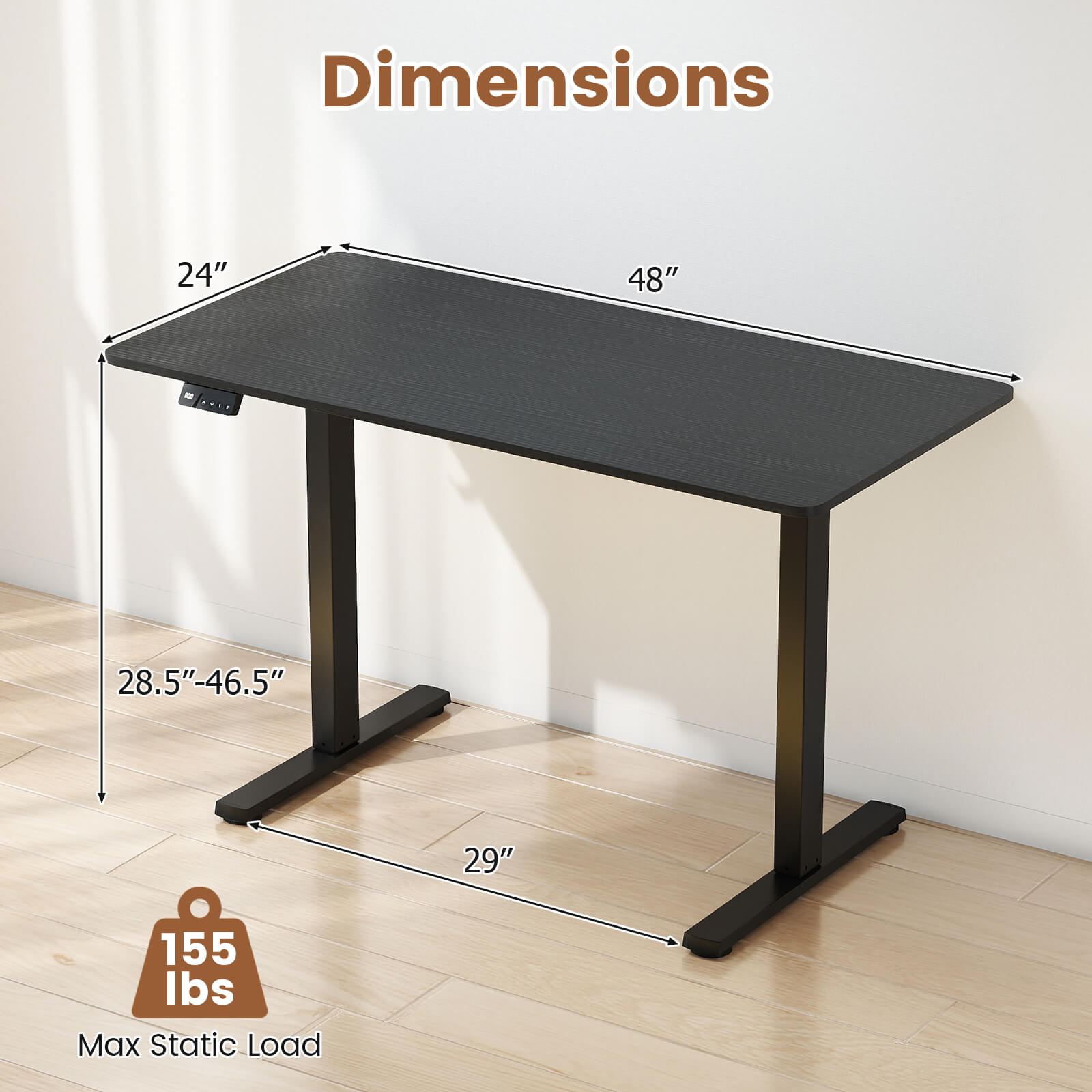 Costway 48” x 24” Electric Standing Desk with LED Display 2 Memory Height Settings for Home Black